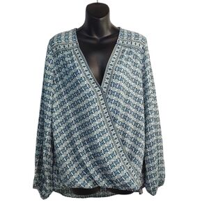 Maxi Studio Teal Floral Print Wrap Front Top Blouse Size L NWT